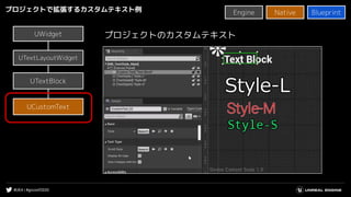 #UE4 | #gcconf2020
プロジェクトのカスタムテキスト
プロジェクトで拡張するカスタムテキスト例
UWidgetUWidget
UTextBlock
UCustomText
UTextLayoutWidget
Native BlueprintEngine
 