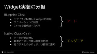 #UE4 | #gcconf2020
Widget実装の分担
Blueprint Class
● デザイナに配置したWidgetの制御
● アニメーションの制御
● C++から提供されたAPI
Native Class (C++)
● データの受け渡し
● 複雑でコストが高い計算や処理
● 他クラスとのやりとり、UI更新の通知
エンジニア
アート
 