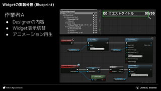 #UE4 | #gcconf2020
Widgetの実装分担 (Blueprint)
作業者A
● Designerの内容
● Widget表示切替
● アニメーション再生
 