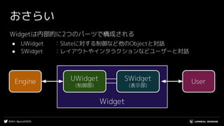 #UE4 | #gcconf2020
Widget
おさらい
Widgetは内部的に2つのパーツで構成される
● UWidget ：Slateに対する制御など他のObjectと対話
● SWidget ：レイアウトやインタラクションなどユーザーと対話
UWidget
(制御部)
Engine UserSWidget
(表示部)
 
