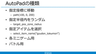 ©SEGA
AutoPadの種類
• 指定座標に移動
– path(100, 0, 200)
• 指定半径内をランダム
– target_pos_zone_radius
• 指定アイテムを選択
– select_item_name(“gyudon_tokumori”)
• 各ミニゲーム用
• バトル用
 