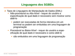 DCC-UFLA Prof. Denilson Alves Pereira 18
Linguagens dos SGBDs
Tipos de Linguagens de Manipulação de Dados (DML):
Não-procedural ou Alto-Nível - requer do usuário a
especificação de qual dado é necessário sem mostrar como
obtê-lo
podem ser executadas de forma interativa em um
terminal ou podem ser embutidas em uma linguagem de
programação
Procedural ou Baixo-Nível - requer do usuário a espe-
cificação de qual dado é necessário e como obtê-lo
são embutidos em uma linguagem de programação
 