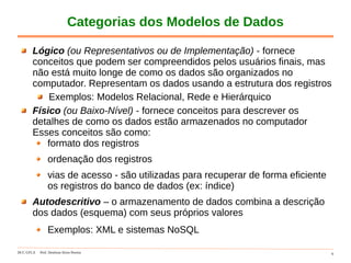 DCC-UFLA Prof. Denilson Alves Pereira 6
Categorias dos Modelos de Dados
Lógico (ou Representativos ou de Implementação) - fornece
conceitos que podem ser compreendidos pelos usuários finais, mas
não está muito longe de como os dados são organizados no
computador. Representam os dados usando a estrutura dos registros
Exemplos: Modelos Relacional, Rede e Hierárquico
Físico (ou Baixo-Nível) - fornece conceitos para descrever os
detalhes de como os dados estão armazenados no computador
Esses conceitos são como:
formato dos registros
ordenação dos registros
vias de acesso - são utilizadas para recuperar de forma eficiente
os registros do banco de dados (ex: índice)
Autodescritivo – o armazenamento de dados combina a descrição
dos dados (esquema) com seus próprios valores
Exemplos: XML e sistemas NoSQL
 