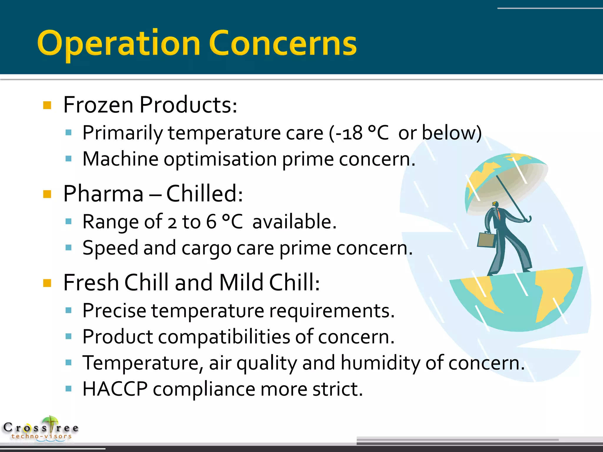    Frozen Products:
     Primarily temperature care (-18 °C or below)
     Machine optimisation prime concern.
   Pharma – Chilled:
     Range of 2 to 6 °C available.
     Speed and cargo care prime concern.
   Fresh Chill and Mild Chill:
       Precise temperature requirements.
       Product compatibilities of concern.
       Temperature, air quality and humidity of concern.
       HACCP compliance more strict.
 