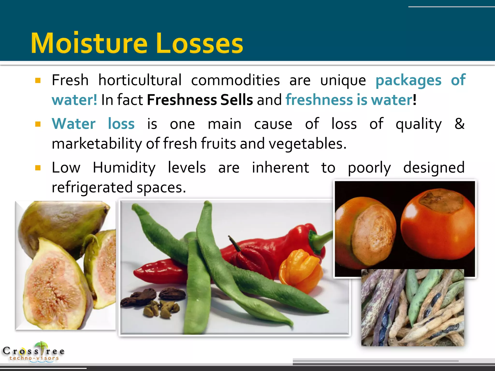  Fresh horticultural commodities are unique packages of
  water! In fact Freshness Sells and freshness is water!
 Water loss is one main cause of loss of quality &
  marketability of fresh fruits and vegetables.
 Low Humidity levels are inherent to poorly designed
  refrigerated spaces.
 
