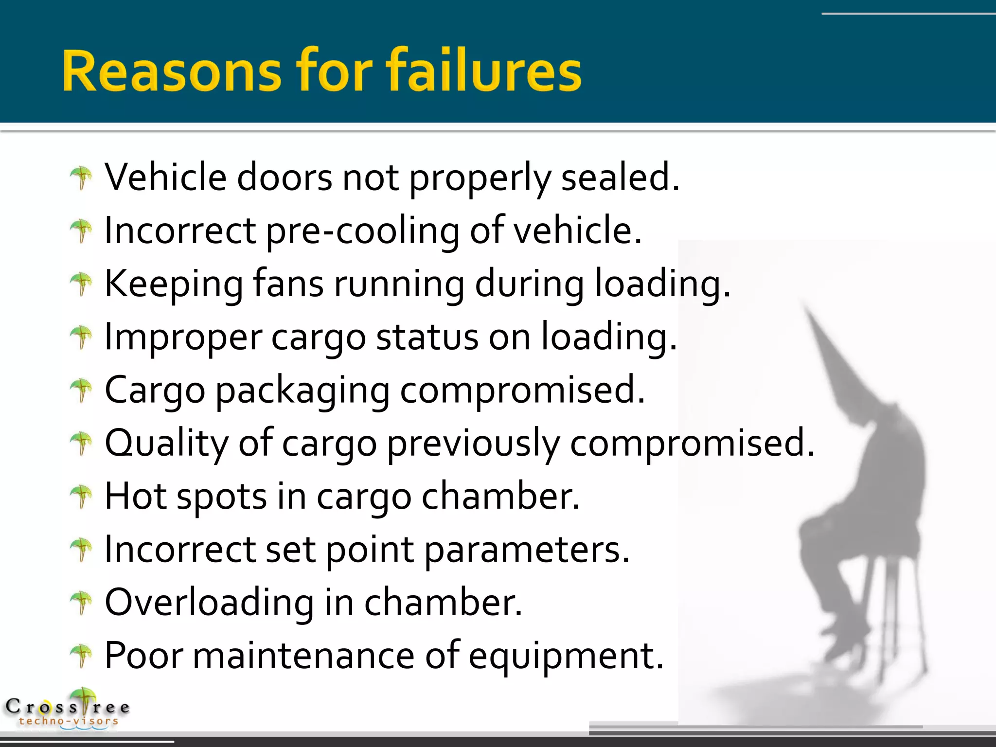 Vehicle doors not properly sealed.
Incorrect pre-cooling of vehicle.
Keeping fans running during loading.
Improper cargo status on loading.
Cargo packaging compromised.
Quality of cargo previously compromised.
Hot spots in cargo chamber.
Incorrect set point parameters.
Overloading in chamber.
Poor maintenance of equipment.
 