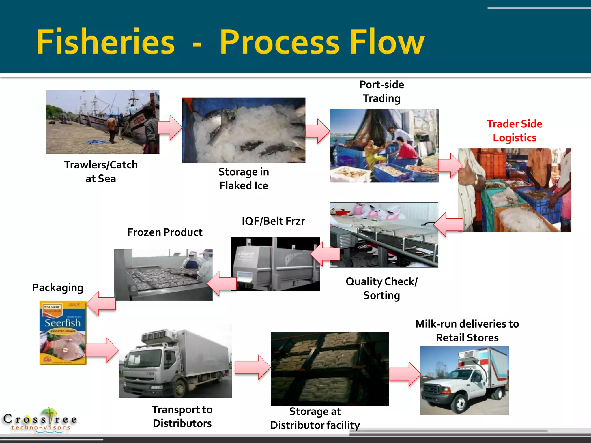 Port-side
                                                                      Trading

                                                                                                Trader Side
                                                                                                 Logistics

     Trawlers/Catch
                                     Storage in
         at Sea
                                     Flaked Ice


                                         IQF/Belt Frzr
                Frozen Product



                                                                  Quality Check/
Packaging
                                                                    Sorting

                                                                                 Milk-run deliveries to
                                                                                     Retail Stores




                      Transport to                    Storage at
                      Distributors                Distributor facility
 