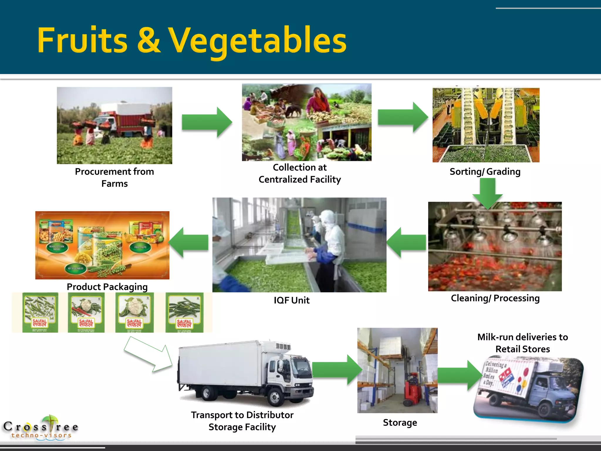Procurement from                     Collection at                 Sorting/ Grading
      Farms                        Centralized Facility




Product Packaging
                                       IQF Unit                     Cleaning/ Processing


                                                                          Milk-run deliveries to
                                                                              Retail Stores




                    Transport to Distributor
                        Storage Facility                  Storage
 