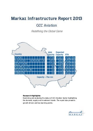 Research Highlights:
Examining and analyzing the status of GCC Aviation Sector highlighting
the demand, supply and investment trends. The report also presents
growth drivers and key learning points.
Markaz Infrastructure Report 2013
GCC Aviation
Redefining the Global Game
 