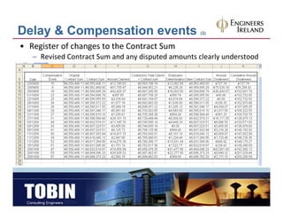 Delay & Compensation events                         (3)


• Register of changes to the Contract Sum
   – Revised Contract Sum and any disputed amounts clearly understood
 
