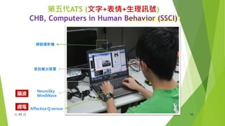 第五代ATS (文字+表情+生理訊號)
CHB, Computers in Human Behavior (SSCI)
14/01/2020共 45 頁 16
網路攝影機
Affectiva Q sensor
NeuroSky
MindWave
音訊輸出裝置
腦波
膚電
 