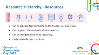 Resource Hierarchy - Resources
● Can be grouped together based on their purpose or ownership.
● Can be given different levels of access control.
● Can be monitored and billed separately.
● Easily moved between projects.
 