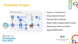 Perimeter Project
• Deploy a Load Balancer
• Setup External Firewall
• Provision SSL Certificate
• Route Traffic through ALB & Firewall
• Setup Cloud Armor to protect
against DDOS attack
 