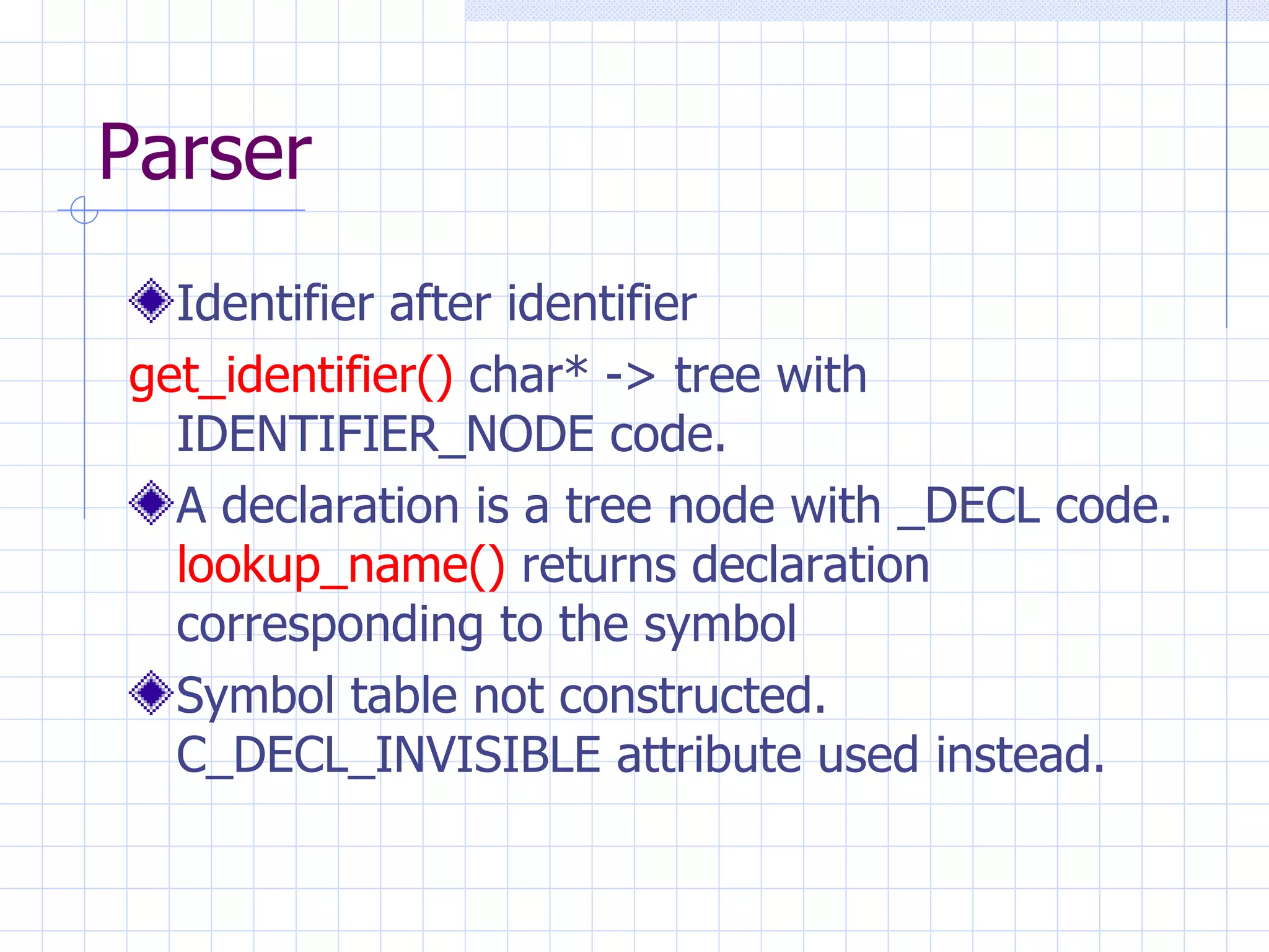 Parser Identifier after identifier get_identifier()  char* -> tree with IDENTIFIER_NODE code. A declaration is a tree node with _DECL code.  lookup_name()  returns declaration corresponding to the symbol Symbol table not constructed. C_DECL_INVISIBLE attribute used instead. 