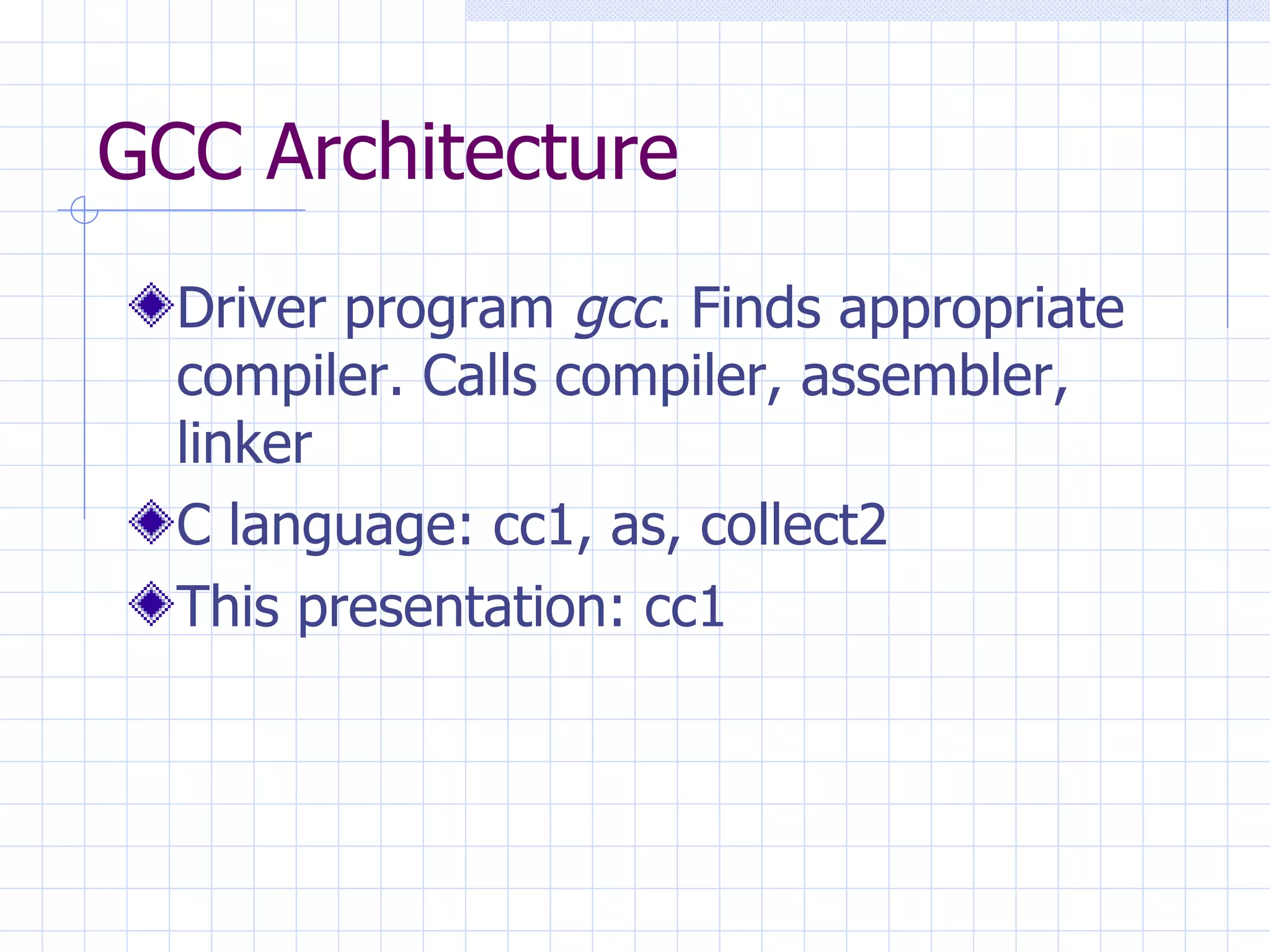 GCC Architecture Driver program  gcc . Finds appropriate compiler. Calls compiler, assembler, linker C language: cc1, as, collect2 This presentation: cc1 