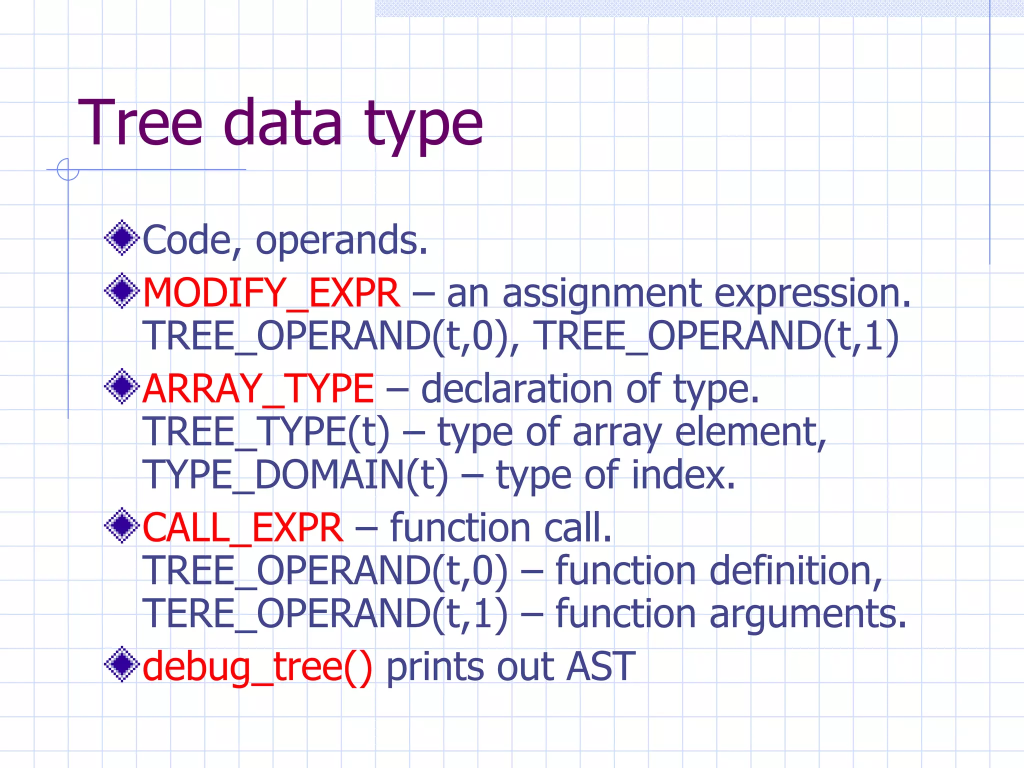 Tree data type Code, operands. MODIFY_EXPR  – an assignment expression. TREE_OPERAND(t,0), TREE_OPERAND(t,1) ARRAY_TYPE  – declaration of type. TREE_TYPE(t) – type of array element, TYPE_DOMAIN(t) – type of index. CALL_EXPR  – function call. TREE_OPERAND(t,0) – function definition, TERE_OPERAND(t,1) – function arguments. debug_tree()  prints out AST 