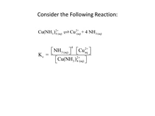 Consider the Following Reaction:

Cu(NH3 )2(aq)
        4        Cu 2+ + 4 NH3 (aq)
                     (aq)




                 4
      NH3 (aq)  Cu aq 
                       2+

Kc =                   
       Cu(NH3 )4(aq) 
       
                  2
                       
 