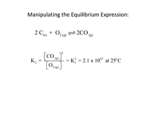 Manipulating the Equilibrium Expression:

  2 C(s) + O2 (g)      2CO (g)


                2
      CO (g) 
 K2 =           = K 2 = 2.1 x 1047 at 25o C
        O2 (g) 
                     1
               
 