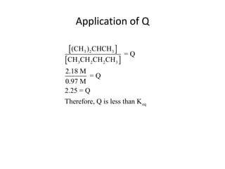 Application of Q

 (CH3 )2CHCH3      =Q
CH3CH 2CH 2CH3 
2.18 M
        =Q
0.97 M
2.25 = Q
Therefore, Q is less than K eq
 