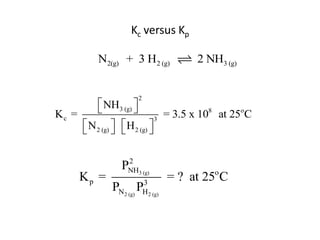 Kc versus Kp

          N2(g) + 3 H2 (g)           2 NH3 (g)


                      2
          NH3 (g) 
                   
Kc =                         3
                               = 3.5 x 108 at 25oC
      N 2 (g)   H 2 (g) 
                        

                   2
                 P NH3 (g)
      Kp =             3
                                = ? at 25o C
              PN2 (g) PH2 (g)
 