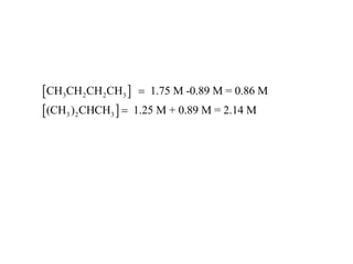 CH3CH2CH2CH3   1.75 M -0.89 M = 0.86 M
(CH3 )2CHCH3   1.25 M + 0.89 M = 2.14 M
 
