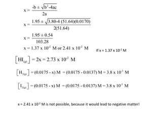 -b ± b2 -4ac
    x=
            2a
         1.95 ± 3.80-4 (51.64)(0.0170)
    x=
                   2(51.64)
        1.95 ± 0.54
    x=
           103.28
    x = 1.37 x 10-2 M or 2.41 x 10-2 M           If x = 1.37 x 10-2 M

HI(g)  = 2x = 2.73 x 10-2 M
      

H2(g)  = (0.0175 - x) M = (0.0175 - 0.0137) M = 3.8 x 10-3 M
      

 I2(g)  = (0.0175 - x) M = (0.0175 - 0.0137) M = 3.8 x 10-3 M
       


 x = 2.41 x 10-2 M is not possible, because it would lead to negative matter!
 
