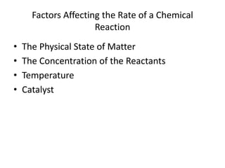Factors Affecting the Rate of a Chemical ReactionThe Physical State of MatterThe Concentration of the ReactantsTemperatureCatalyst