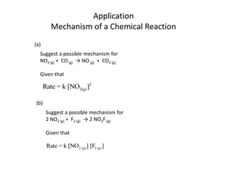 Application
         Mechanism of a Chemical Reaction
(a)
  Suggest a possible mechanism for
  NO2 (g) + CO (g) → NO (g) + CO2 (g)

  Given that

      Rate = k [NO2(g) ]2

(b)
       Suggest a possible mechanism for
       2 NO2 (g) + F2 (g) → 2 NO2F (g)

       Given that

       Rate = k [NO2 (g) ] [F2 (g) ]
 
