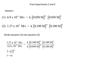 From Experiments 2 and 3

  Solution :

(1) 6.9 x 10 M/s = k 0.050 M                    0.050 M
                -4                        m               n




(2) 1.37 x 10-3 M/s = k 0.100 M                  0.100 M
                                              m               n




 Divide equation (1) into equation (2)


                        k  0.100 M     0.100 M 
               -3                    m               n
   1.37 x 10 M/s
                 =
                   k  0.050 M   0.100 M 
            -5                  m           n
    6.9 x 10 M/s

   2   2
           m


   1=m
 