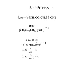 Rate Expression

Rate = k [CH3CO2CH3 ] [ - OH]

       Rate
               -
                    =k
 [CH3CO2CH3 ] [ OH]

                M
       0.00137
                 s     =k
   [0.100 M] [0.100 M]
           1
   0.137       =k
          Ms
            L
   0.137        =k
          mol s
 