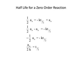 Half Life for a Zero Order Reaction

       1
          a o = - kt 1 + a o
       2              2

       1
          a o - a o = - kt 1
       2                     2

         1
        a o = - kt 1
         2              2

       ao
             = t1
       2k         2
 
