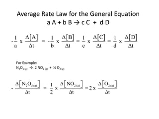Average Rate Law for the General Equation
              aA+bB→cC + dD

 1 Δ  A    1 Δ  B 1 Δ C 1 Δ  D
- x       = - x      = x     = x
 a  Δt       b  Δt    c  Δt   d  Δt

    For Example:
    N2O5 (g) → 2 NO2 (g) + ½ O2 (g)



    Δ  N 2O5 (g) 
                      1 Δ  NO2 (g) 
                                      = 2 x Δ O2 (g) 
                                                       
-                     =   x
          Δt            2      Δt                 Δt
 