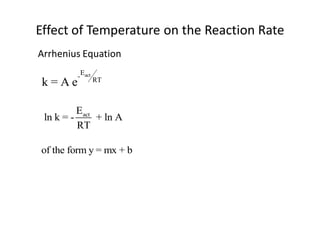 Effect of Temperature on the Reaction Rate
Arrhenius Equation
             Eact
         -
                    RT
 k=Ae

          Eact
 ln k = -      + ln A
          RT

of the form y = mx + b
 
