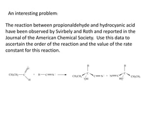An interesting problem:

The reaction between propionaldehyde and hydrocyanic acid
have been observed by Svirbely and Roth and reported in the
Journal of the American Chemical Society. Use this data to
ascertain the order of the reaction and the value of the rate
constant for this reaction.

              ..                               H                             H
              O:
                                               C                         C
 CH3CH2   C        +   H   C   N:   CH3CH2         C   N : + :N   C              CH2CH3
               H
                                             :OH
                                              ..                      HO :
                                                                       ..
 