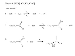 Rate = k [HCN] [CH3CH2CHO]

     Mechanism:
                                 k1
                                                       +              -
1.     HCN   +    H2O                       H3O            +     CN
                                 k -1

                                                                                            +
                        O                                                                   OH
                                                                k2
2.                                                 +                                             +   H2O
        CH3CH2    C                   +    H3O                            CH3CH2        C
                                                                k-2
                        H                                                                    H



                            +                                                       H
3.                          OH
                                                           k3
                                               -                                    C
        CH3CH2     C              +       CN
                                                                          CH3CH2            CN
                        H                                                      HO
 