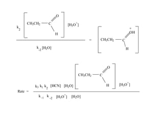 O

     CH3CH2     C                    +
                                 [H3O ]
k                                                                   +
2
                        H                                           OH

                                              =   CH3CH2    C
         k [H2O]                                                H
          -2




                                                      O
                                         CH3CH2   C

                                                                +
         k3 k1 k2 [HCN] [H2O]                         H    [H3O ]
Rate =
                            +
          k -1 k        [H3O ]    [H2O]
                   -2
 