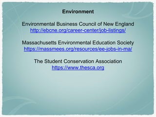 Environment
Environmental Business Council of New England
http://ebcne.org/career-center/job-listings/
Massachusetts Environmental Education Society
https://massmees.org/resources/ee-jobs-in-ma/
The Student Conservation Association
https://www.thesca.org
 