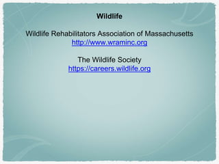Wildlife
Wildlife Rehabilitators Association of Massachusetts
http://www.wraminc.org
The Wildlife Society
https://careers.wildlife.org
 