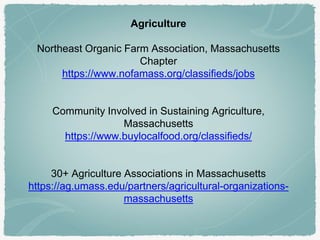 Agriculture
Northeast Organic Farm Association, Massachusetts
Chapter
https://www.nofamass.org/classifieds/jobs
Community Involved in Sustaining Agriculture,
Massachusetts
https://www.buylocalfood.org/classifieds/
30+ Agriculture Associations in Massachusetts
https://ag.umass.edu/partners/agricultural-organizations-
massachusetts
 