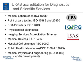 UKAS accreditation for Diagnostics
and Scientific Services
• Medical Laboratories ISO 15189
• Point of care testing ISO 15189 and 22870
• EQA Providers ISO 17043
• Physiological diagnostics
• Imaging Services Accreditation Scheme
• Medical Devices ISO 13485
• Hospital QM schemes (ISO 9000)
• Public Health laboratories(ISO15189 & 17025)
• Medical Physics and engineering (ISO 15189)
( under development)
 