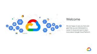 Welcome
We are happy to see you here and
glad that you are interested in a
career in cloud and want to learn
more about Google Cloud Platform.
 