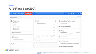 http://www.console.google.com
Creating a project
Copyright Google LLC. For educational purposes in accordance with the terms of use set forth on the program
 