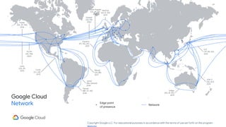 Copyright Google LLC. For educational purposes in accordance with the terms of use set forth on the program
Google Cloud
Network Edge point
of presence
Equiano
(PT, NG, ZA)
2021
Dunant
(US, FR)
2020
SJC
(JP, HK, SG)
2013
JGA-S
(GU, AU)
2019
Indigo
(SG, ID, AU)
2019
Havfrue
(US, IE, DK)
2019
Monet
(US, BR)
2017
Junior
(Rio, Santos)
2018
Tannat
(BR, UY, AR)
2018
Curie
(CL, US)
2019
Faster
(US, JP, TW)
2016
PLCN
(US, TW)
2020
Unity
(US, JP)
2010
Grace Hopper
(US, UK, ES)
2022
Network
 