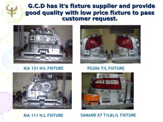 G.C.D has it’s fixture supplier and provide
good quality with low price fixture to pass
            customer request.




KIA 131 H/L FIXTURE      PG206 T/L FIXTURE




KIA 111 H.L FIXTURE   SAMAND X7 T/L&L/L FIXTURE
 