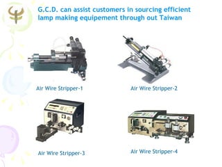 G.C.D. can assist customers in sourcing efficient
lamp making equipement through out Taiwan




Air Wire Stripper-1          Air Wire Stripper-2




Air Wire Stripper-3          Air Wire Stripper-4
 