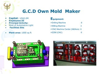 G.C.D Own Mold Maker
•
•
    Capital: US$3.0M
    Employees:35
                               Equipment:
•   Principal Activity:        Drilling Machine             8
•   Mold of Automotive Light   Milling Machine              3
•    Facilities Site
                               CNC Machine Center (3&5Axis) 6
•   Plant area: 1000 sq ft     EDM (CNC)                    6
 