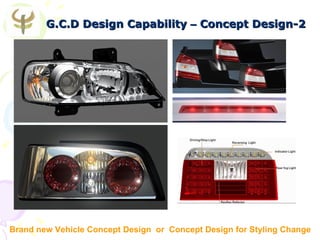 G.C.D Design Capability – Concept Design-2




Brand new Vehicle Concept Design or Concept Design for Styling Change
 