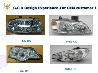 G.C.D Design Experience-For OEM customer 1




    LX7 H/L               PARS H/L




                         PG206 H/L
   KIA H/L
 