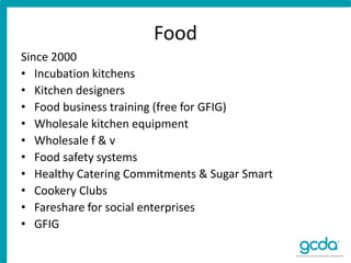 Food
Since 2000
• Incubation kitchens
• Kitchen designers
• Food business training (free for GFIG)
• Wholesale kitchen equipment
• Wholesale f & v
• Food safety systems
• Healthy Catering Commitments & Sugar Smart
• Cookery Clubs
• Fareshare for social enterprises
• GFIG
 