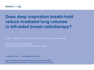 Does deep inspiration breath-hold
reduce irradiated lung volumes
in left-sided breast radiotherapy?
K Walsh1, J Pettingell1, H Chesham1, G Bee1, H Ariyaratne1,2, S Jansen van Rensburg1
1Cancer Partners UK, United Kingdom
2Mount Vernon Cancer Centre, Northwood, United Kingdom
W: genesiscare.co.uk E: research@genesiscare.co.uk
Cancer Partners UK became Genesis Care on 8 January 2016.
This research was previously conducted by Cancer Partners UK.
 